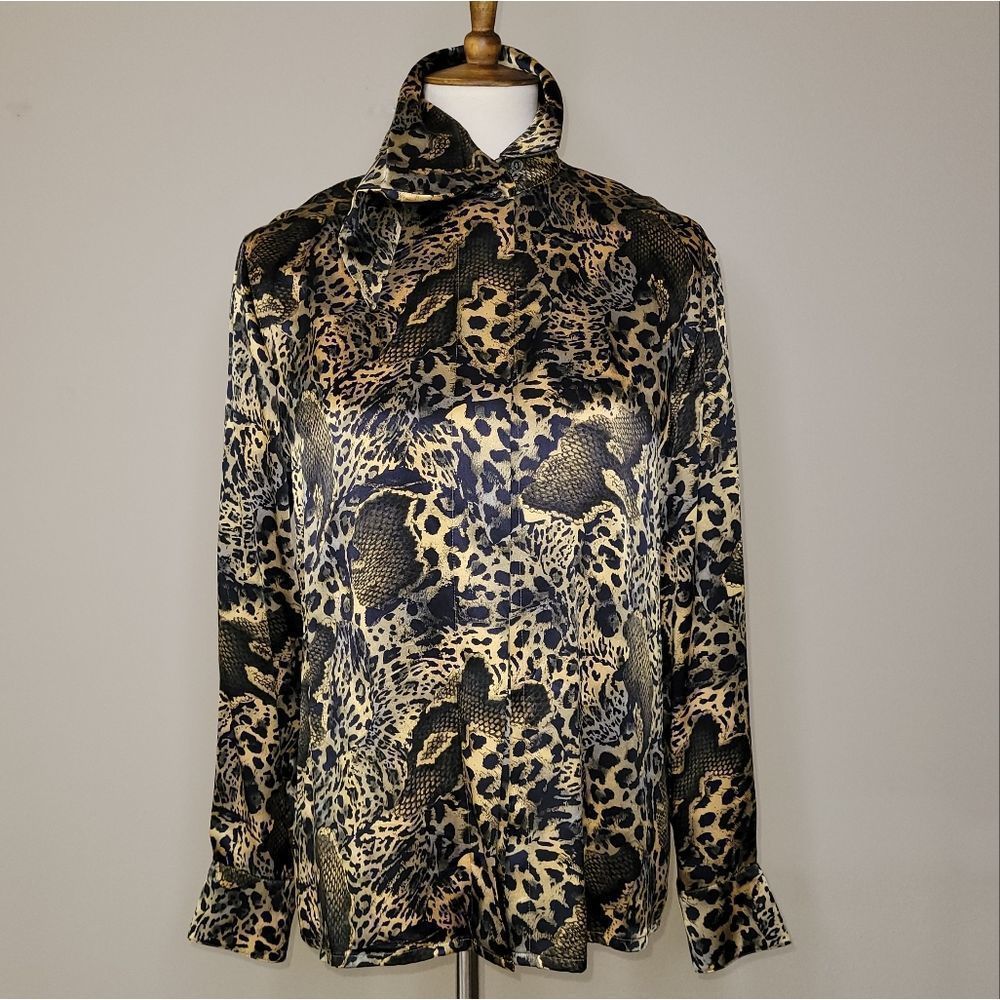𝅺ESCADA Margaretha Ley Gold & Black Animal Print Silk Collared Blouse - sz. M/L